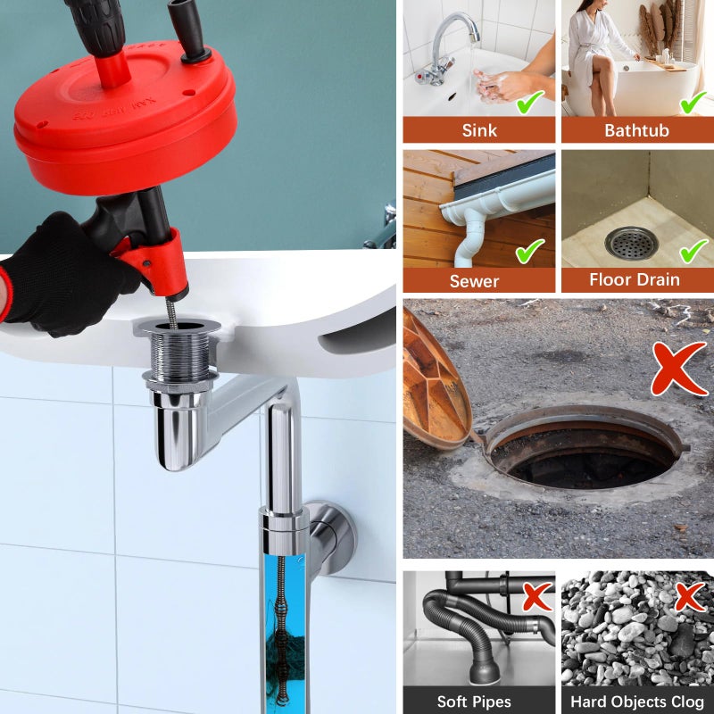 XFIRE-GEAR ã€Newã€‘50 FT Double Mode Drain Snake Tools, 11-in-1 Drain Auger for Sink and Drain Unblocking, Plumbing Snake for Kitchen, Bathrom and Shower Sink, Snake for Real DYIs (Red) - Image 3