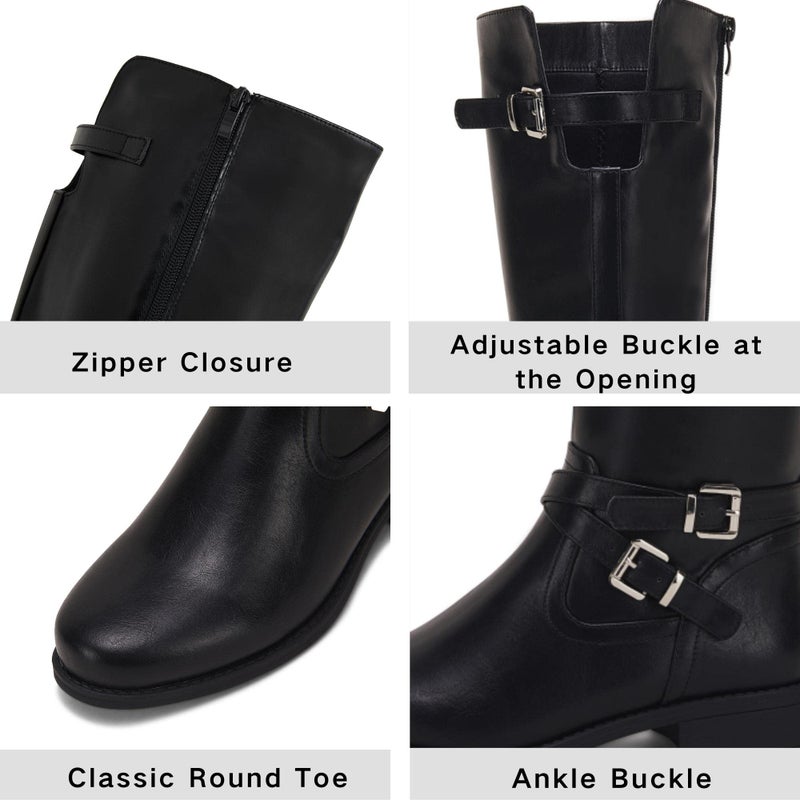 Ermonn Womens Knee High Boots Wide Calf Flat Low Heel Side Zipper Faux Leather Fashion Winter Riding Boot - Image 4