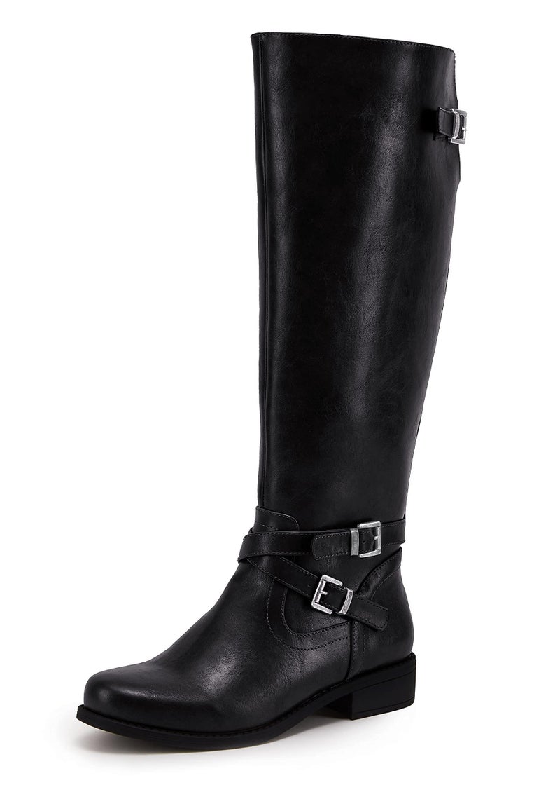 Ermonn Womens Knee High Boots Wide Calf Flat Low Heel Side Zipper Faux Leather Fashion Winter Riding Boot - Image 1