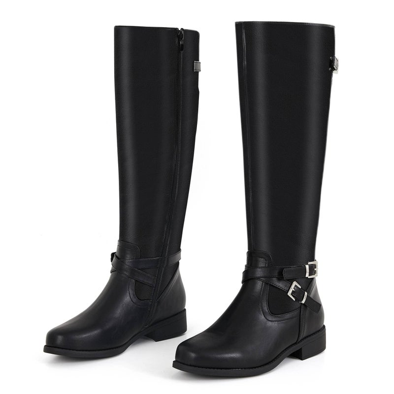 Ermonn Womens Knee High Boots Wide Calf Flat Low Heel Side Zipper Faux Leather Fashion Winter Riding Boot - Image 2