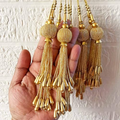 Adikala Craft Store Handmade Ethnic Cutdana Latkan Tassel Set of 2 for Saree Pallu, Blouse, Suits, Dupatta, Lehenga Decor, DIY Art & Crafts (Golden) - Image 1