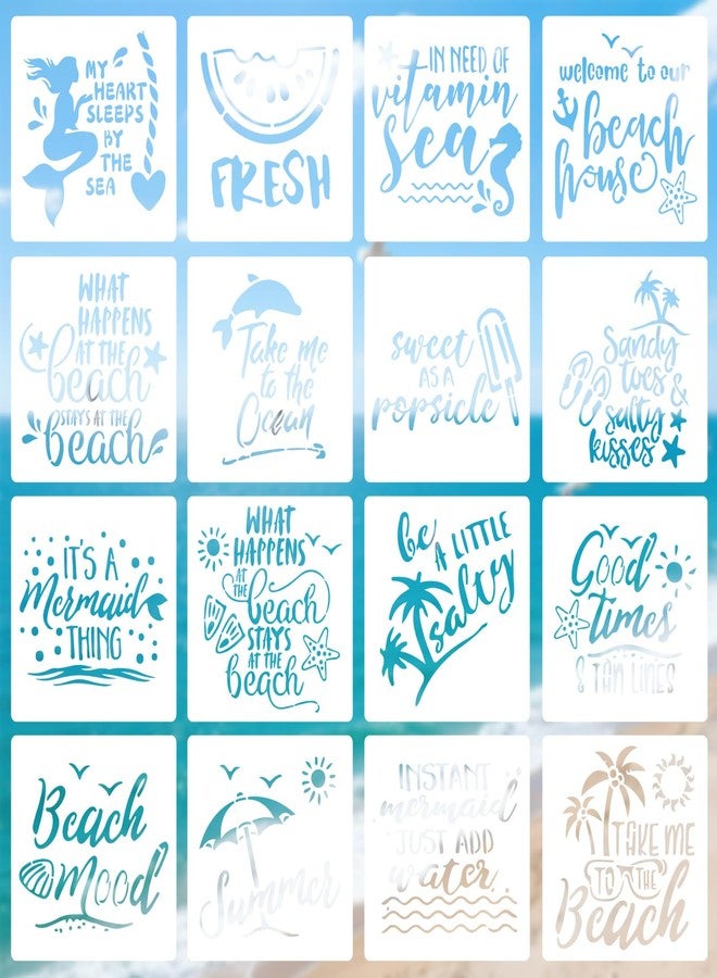 Tinoaly Pack of 16 Beach Theme Stencils for Painting, 20.5 cm Reusable Plastic Ocean Stencils Perfect for DIY Summer Beach Art on Wood, Fabric and Walls - Image 1