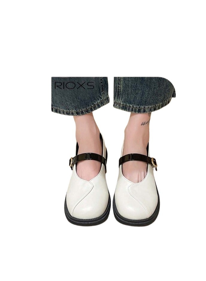 RIOXS Women's Flat Loafer, Classic Mary Jane Shoes, Ladies Oxford Flats, Comfort Round Toe Mary Jane Loafer, Ankle Strap Ballet Flats for Women, Casual Slip On Flats, Non-Slip Dressy Work Shoes, White