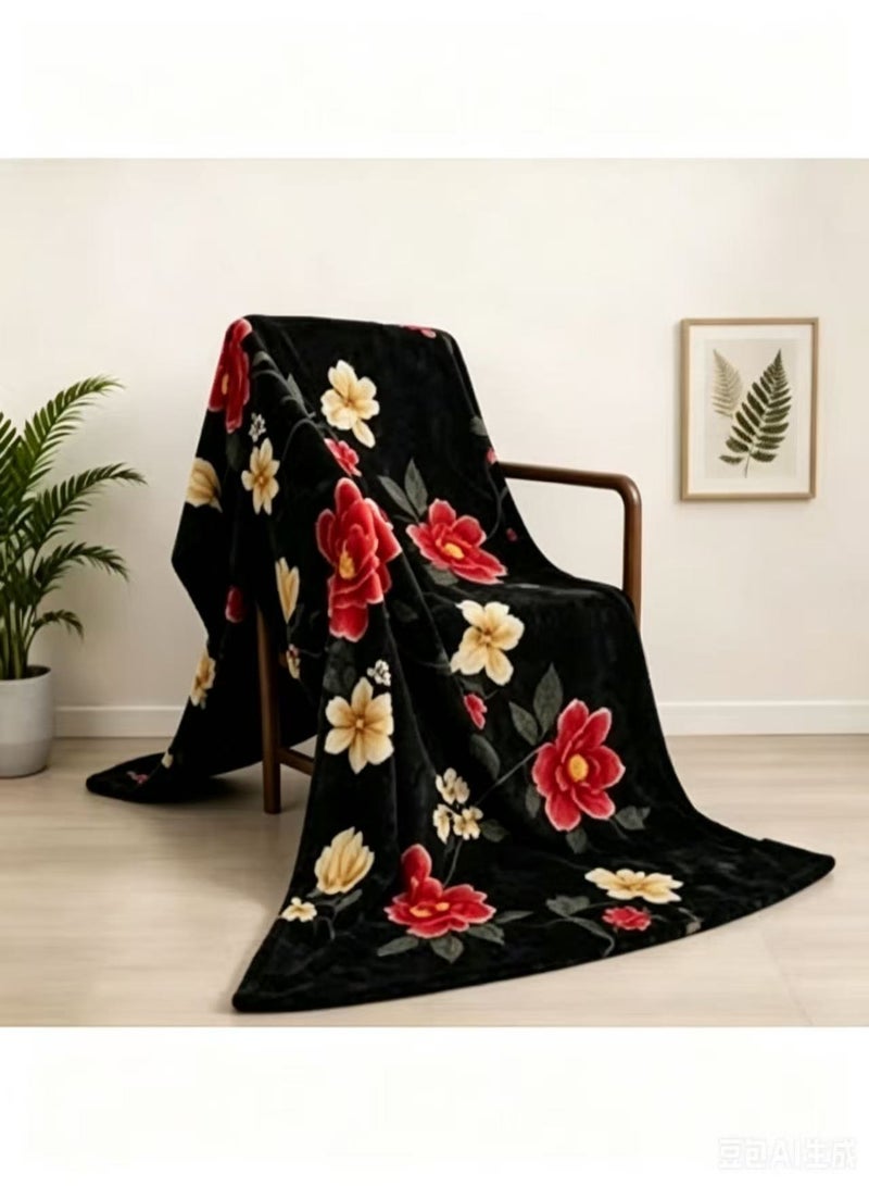Black blanket with red floral pattern, perfect for naps. Comfortable and breathable. Size: 160x220cm. Suitable for living room, sofa, bedroom, and home décor. - Image 1