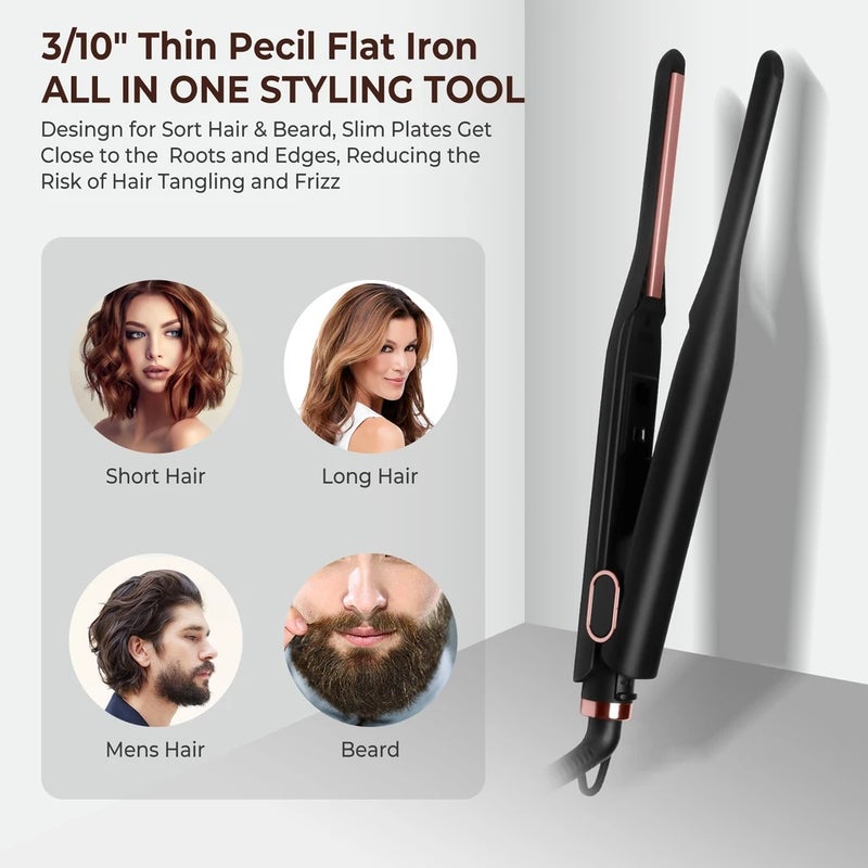 UKLISS Small Flat Iron for Short Hair, Temperature Adjustable Pencil Flat Iron Fast Heat Up, 3/10 Inch Beard Straightening Iron - Image 2