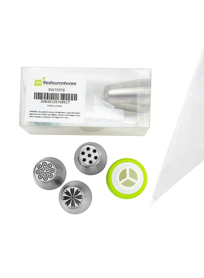 Restaurantware مجموعة نصائح التزيين الروسية من باستري تيك، 17 قطعة، مجموعة تزيين كعك متينة - 6 نصائح تزيين، 10 أكياس تزيين، مجموعة أكياس ونصائح من الفولاذ المقاوم للصدأ، 1 موصل ثلاثي الألوان - Image 2