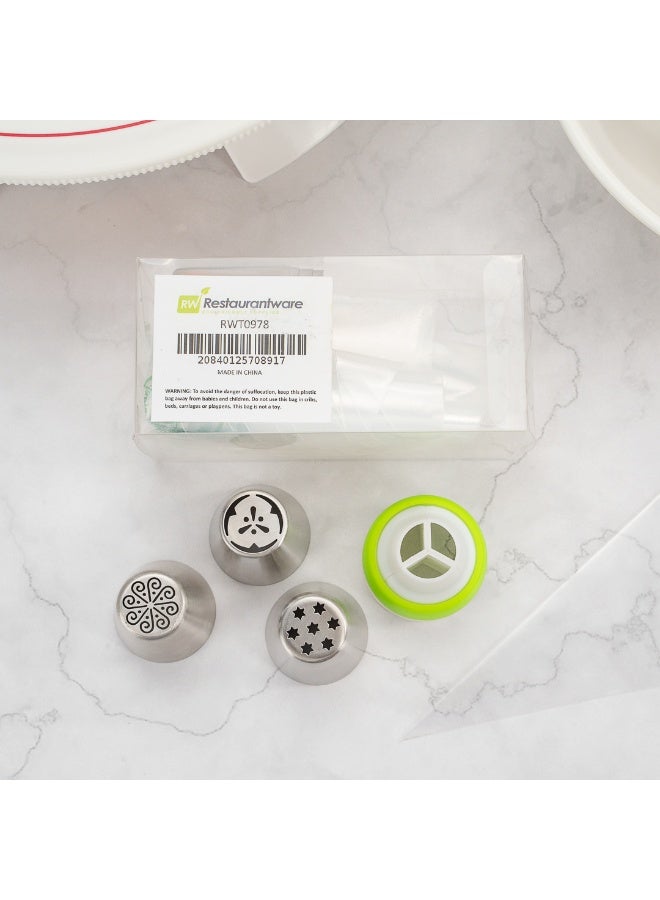 Restaurantware مجموعة نصائح التزيين الروسية من باستري تيك، 17 قطعة، مجموعة تزيين كعك متينة - 6 نصائح تزيين، 10 أكياس تزيين، مجموعة أكياس ونصائح من الفولاذ المقاوم للصدأ، 1 موصل ثلاثي الألوان - Image 4