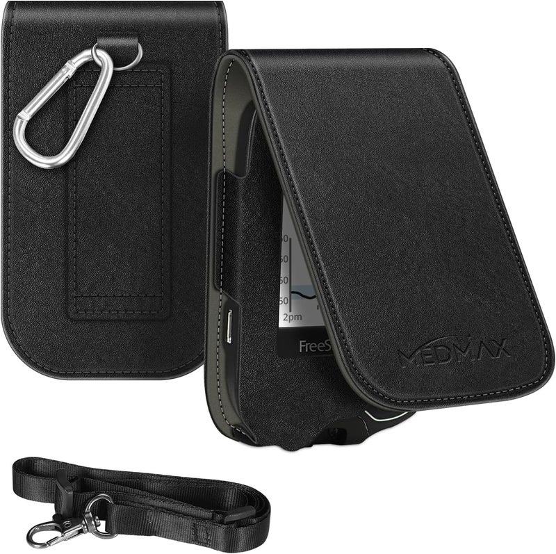 MEDMAX PU Leather Protective Case with Detachable Hanging Lanyard for Freestyle Libre 3 2  Libre Reader Lightweight Shockproof Diabetic Storage Neck Sling Carrying Case with Carabiner Clip Black - Image 1