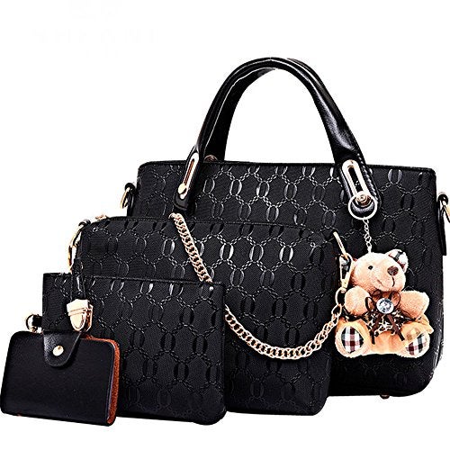 FiveloveTwo Women 4 Pcs Top Handle Satchel Hobo Handbag Set Large Tote +Purse +Shoulder Bag+Card Holder Black - Image 1