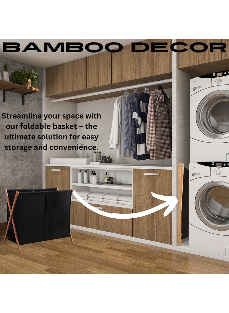 Bamboo Decor | Foldable Laundry Basket Wooden - Fabric Minimalistic Design Easy To Fold and Store (Black, Double) - Image 3