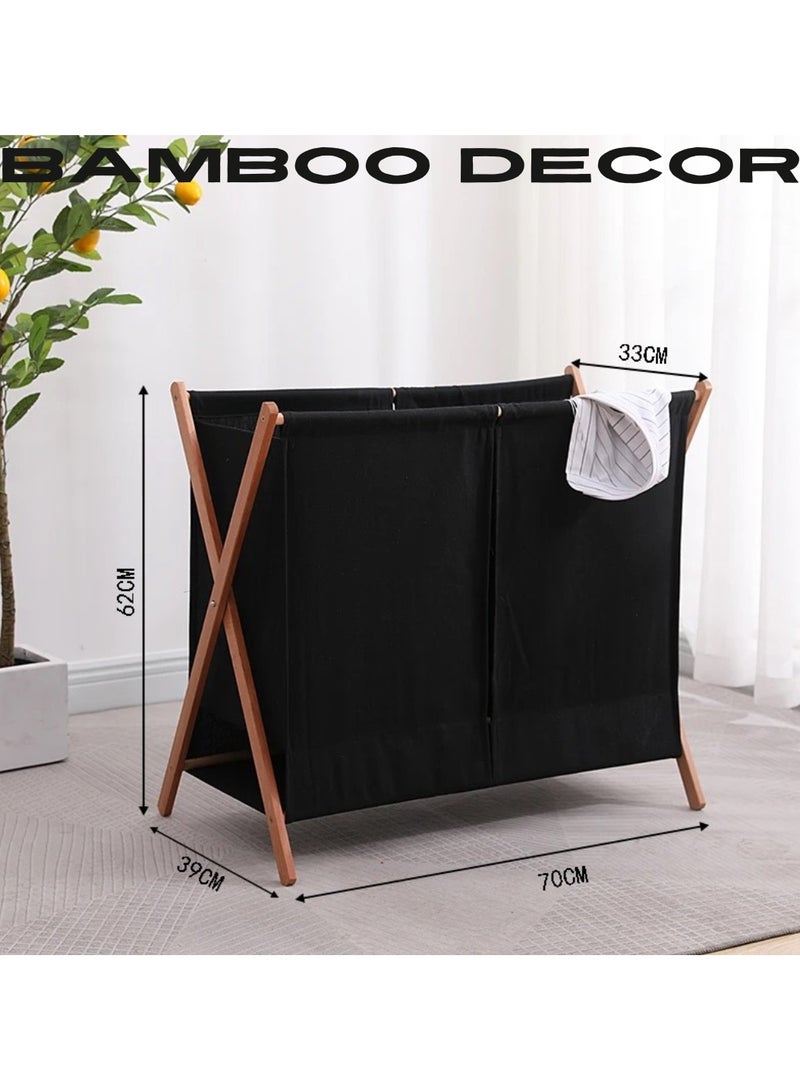 Bamboo Decor | Foldable Laundry Basket Wooden - Fabric Minimalistic Design Easy To Fold and Store (Black, Double) - Image 4