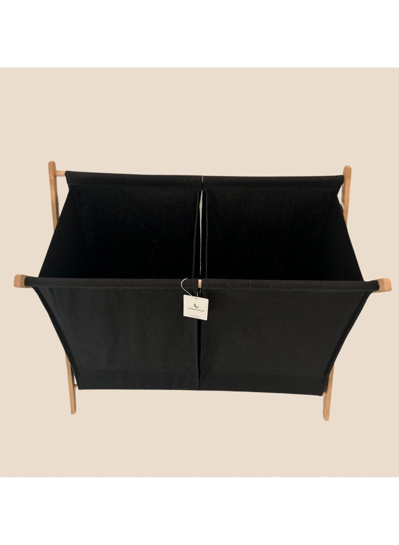Bamboo Decor | Foldable Laundry Basket Wooden - Fabric Minimalistic Design Easy To Fold and Store (Black, Double) - Image 5