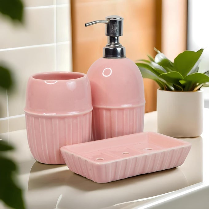 CERAMIC BATHROOM ACCESSORIES SET FOR UTILITY AND BATHROOM DECOR LIQUID SOAP DISPENSER SOAP TRAY TOOTHBRUSH HOLDER EXCLUSIVE BATHROOM SET PINK