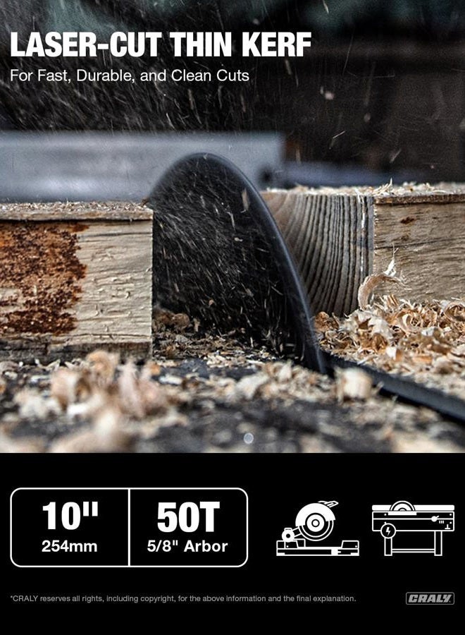 CRALY 10 Inch 50 Teeth Wood Cutting Circular Saw Blade, 5/8 Inch Arbor(C1050CT) - Image 3