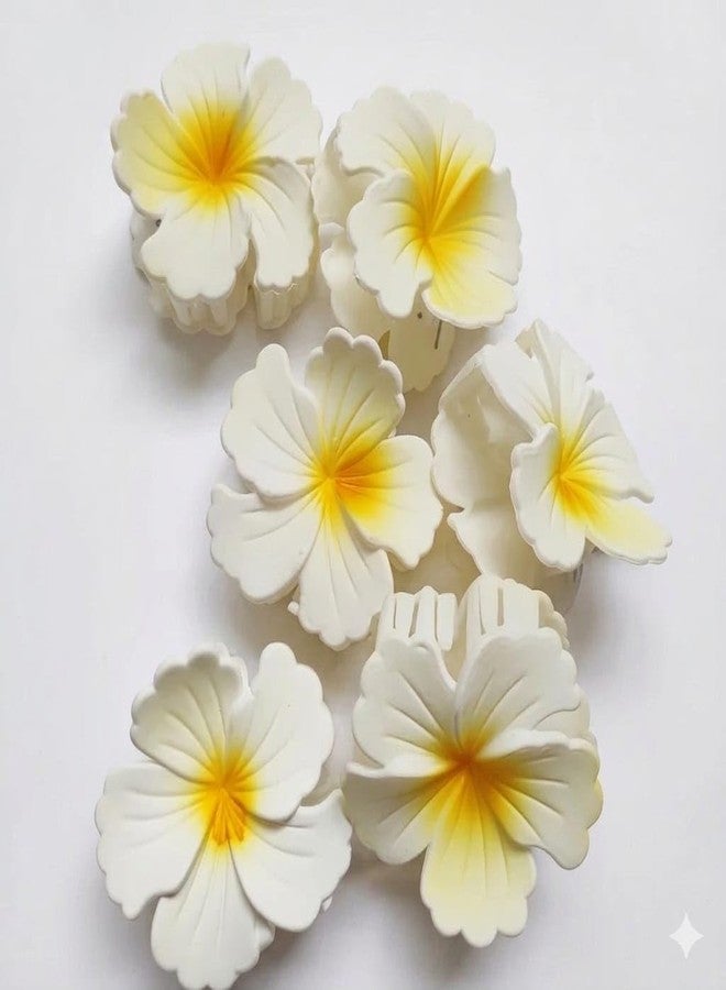 Plumeria Flower Hair Clips, White and Yellow, Tropical Hawaiian Theme, Set of (2)