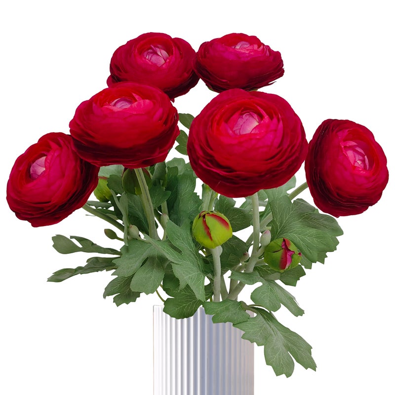ATFL 6 Pcs Purplish Red Ranunculus Artificial Flowers,Artificial Faux Silk Ranunculus Flowers with Real Touch Stems,Fake Peony Flowers for Floral Arrangements DIY Wedding Bouquet Party Table Home Decor - Image 1