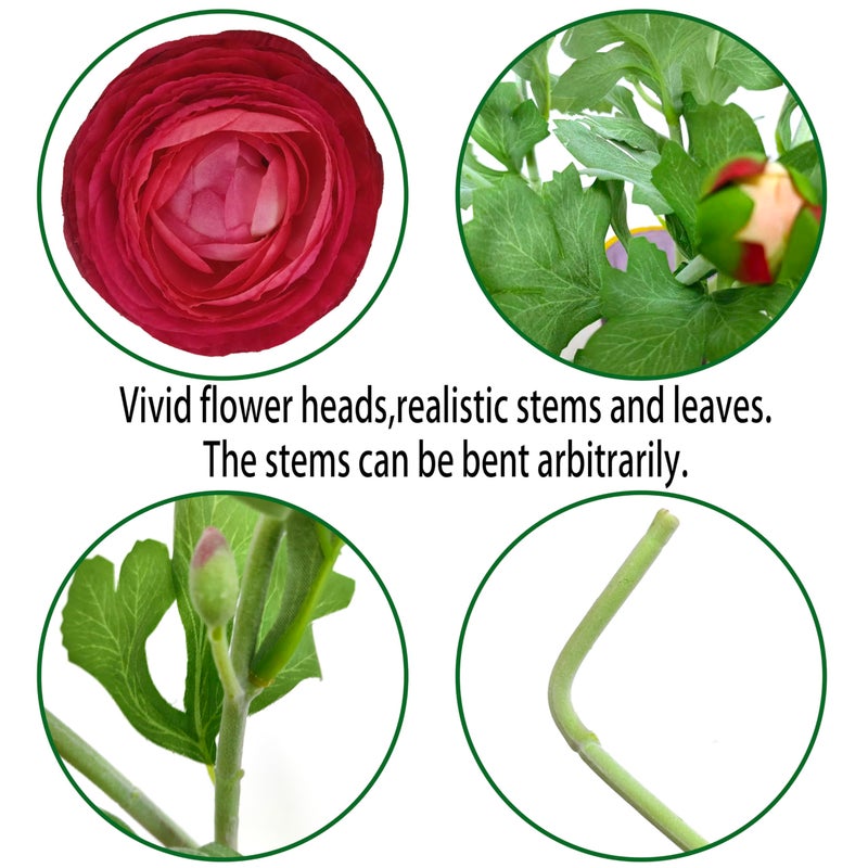 ATFL 6 Pcs Purplish Red Ranunculus Artificial Flowers,Artificial Faux Silk Ranunculus Flowers with Real Touch Stems,Fake Peony Flowers for Floral Arrangements DIY Wedding Bouquet Party Table Home Decor - Image 4