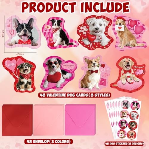 Sealmic 48 Sets Assorted Dog Valentines Cards for Kids Classroom School Cute Puppy Valentine Days Cards with Envelops Stickers Greeting Cute Pet Love Cards for Girls Boys Kids Party Gift Exchange Brithday Supplies Favors Double Sided Printing - Image 2