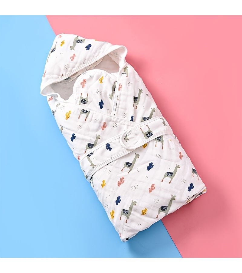 4 Layer Soft Cotton Hooded Bath Towel With Rabbit Print For Youngsters Absorbent Adjustable Straps White Pastel Colors - Image 1