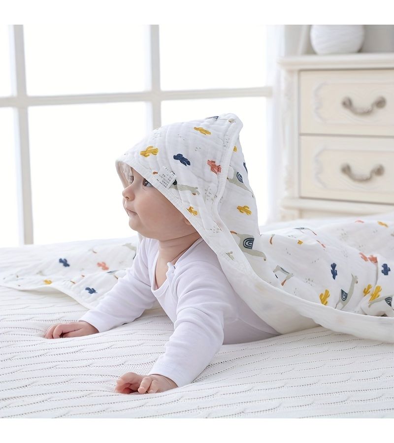 4 Layer Soft Cotton Hooded Bath Towel With Rabbit Print For Youngsters Absorbent Adjustable Straps White Pastel Colors - Image 2
