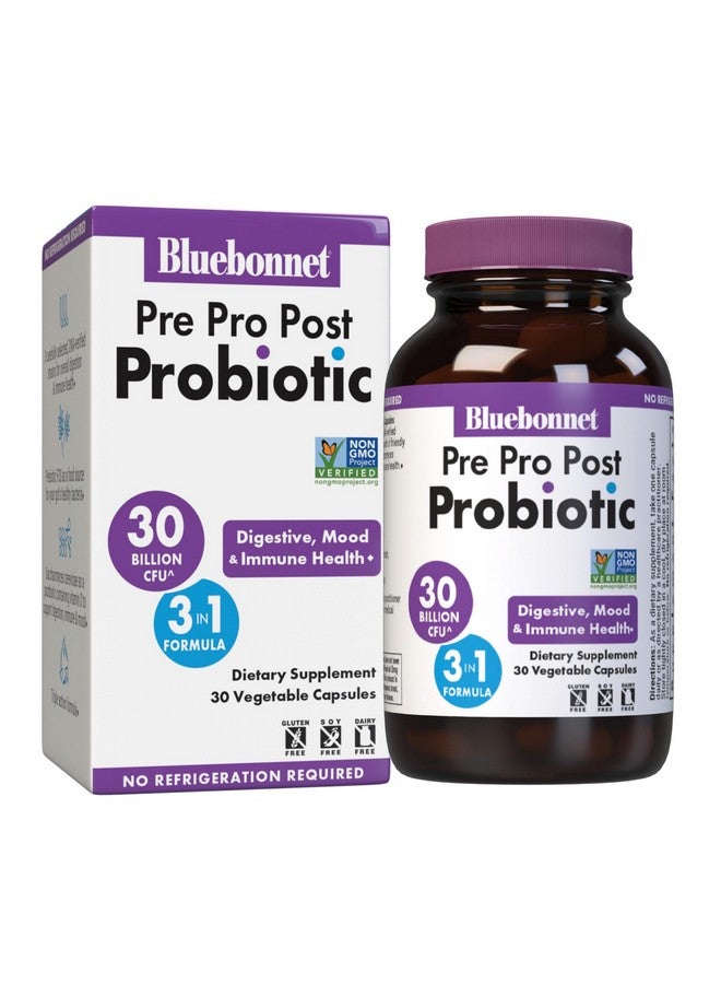 BlueBonnet Nutrition Pre Pro Post Probiotic 30 Billion CFU^ Shelf Stable - for Women & Men Digestion, Gut, Mood, Immune* - Free of Dairy, Gluten & Soy - Non-GMO - 30 Vegetable Capsules, 30 Servings - Image 1