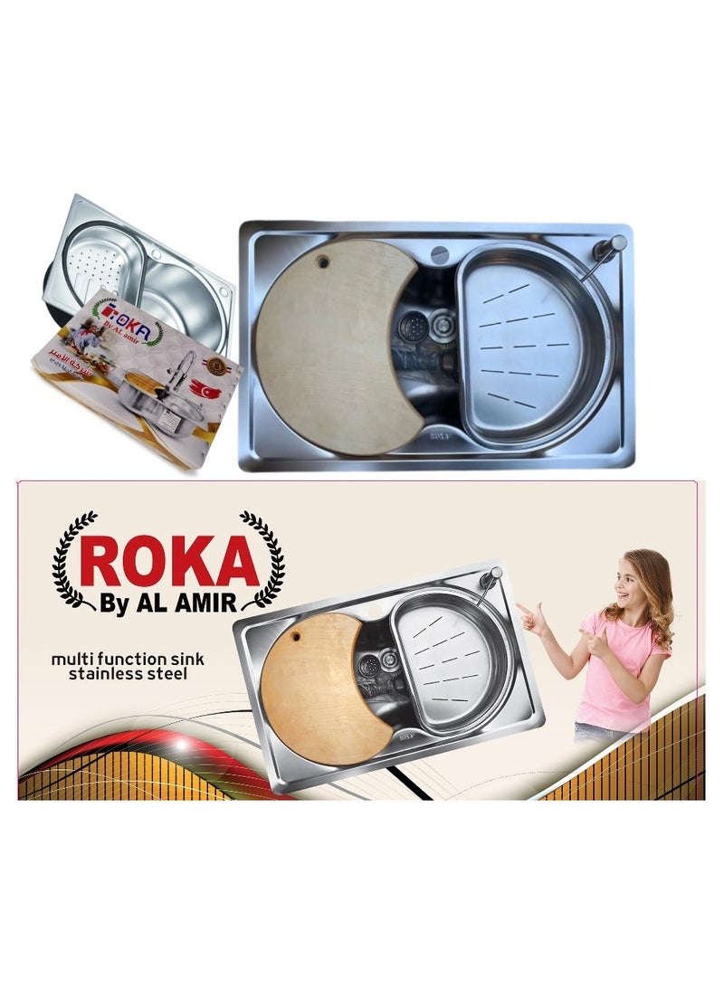 Shams Stainless steel kitchen sink, 72 x 50, including 3-inch drain, wooden slicer, and stainless steel drainer, 50-year guarantee against rust. - Image 2