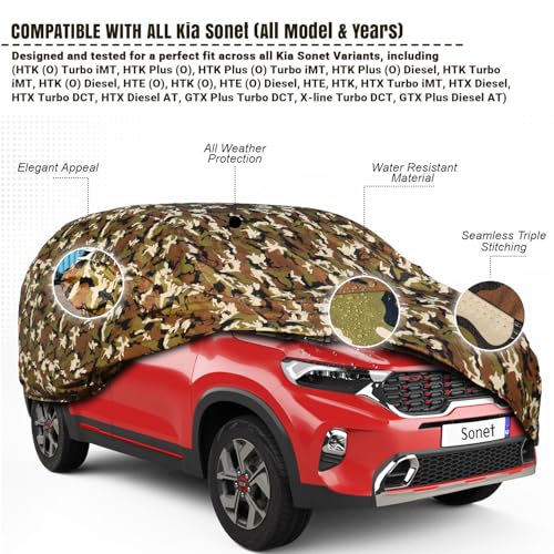 Pivalo Car Body Cover for Kia Sonet All Model & Years (2020-2026) 100% Waterproof with Mirror Pockets, Triple Stitched Dustproof Heat Resistant UV Protection (Military/Jungle/Camouflage) - Image 2