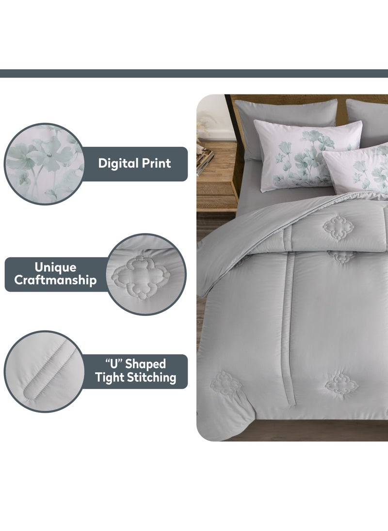 Comforter Set 6-Pcs King Size Digital Printed Bed Set Fits (200 x 200 Cm) All Season 350 GSM Set With Down Alternative Filling, Grey
