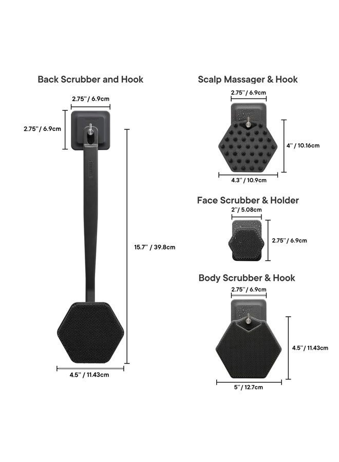 Tooletries - The Scrub King - Silicone Scrubber Set for Men - Includes Back & Body Scrubbers, Face Brush, Scalp Massager, 3 Storage Hooks, & Holder - Shower & Bathroom Hygiene Accessories - Charcoal - Image 5
