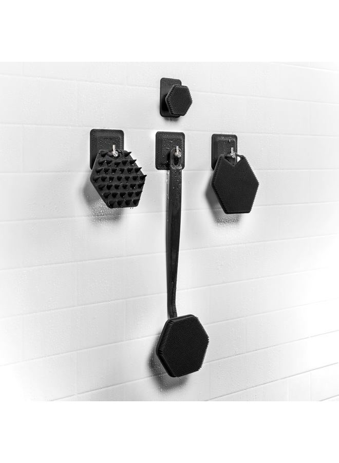 Tooletries - The Scrub King - Silicone Scrubber Set for Men - Includes Back & Body Scrubbers, Face Brush, Scalp Massager, 3 Storage Hooks, & Holder - Shower & Bathroom Hygiene Accessories - Charcoal - Image 2