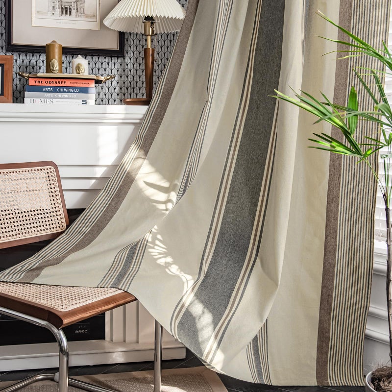 ColorBird Brown and Grey Striped Curtains 2 Panels Set, Modern Farmhouse Vintage Patterned Short Kitchen Curtain 63 Inches Length, Light Filtering Window Treatment Drapes for Living Room Bedroom - Image 1