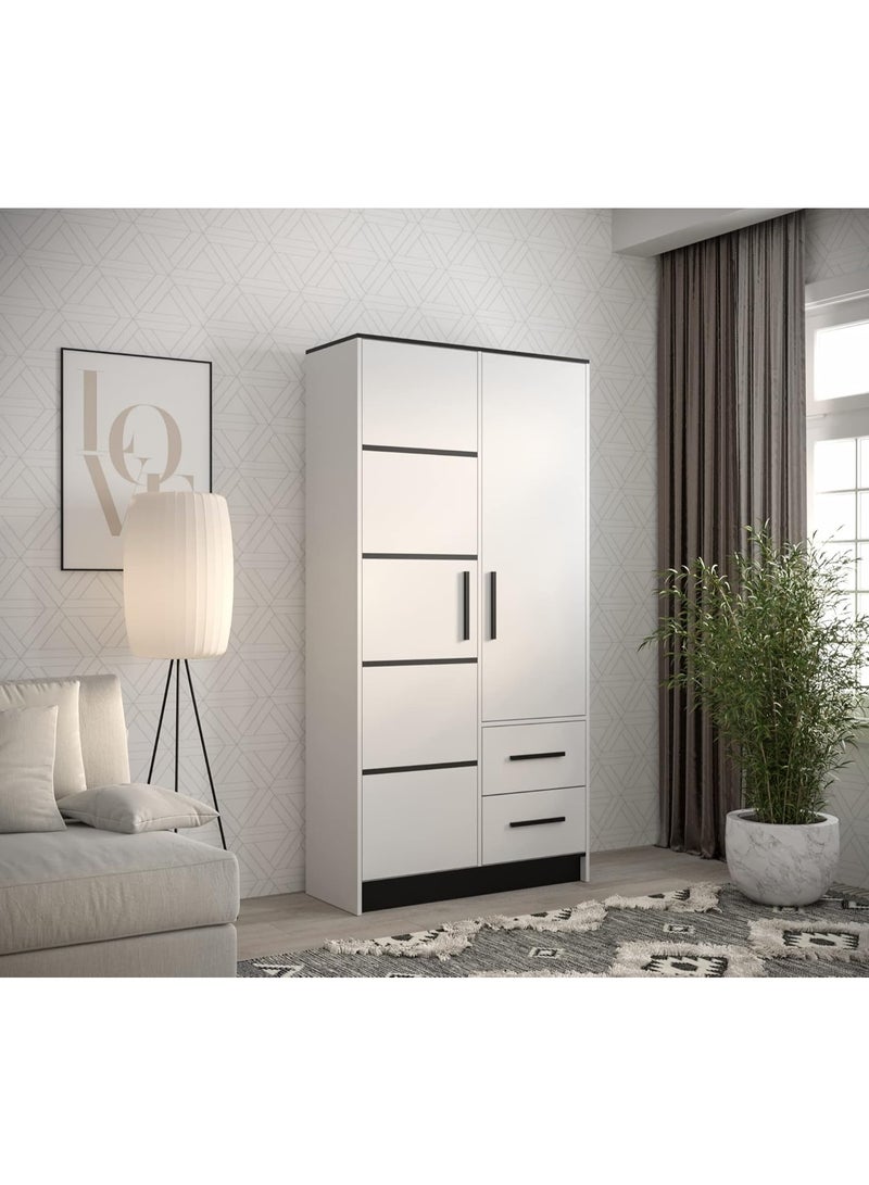 MEBLE KRYSPOL Malta 103 Hinged Door Wardrobe with 2 Doors, 2 Drawers, Modern Design (M1 Matte White + Black) - Image 2