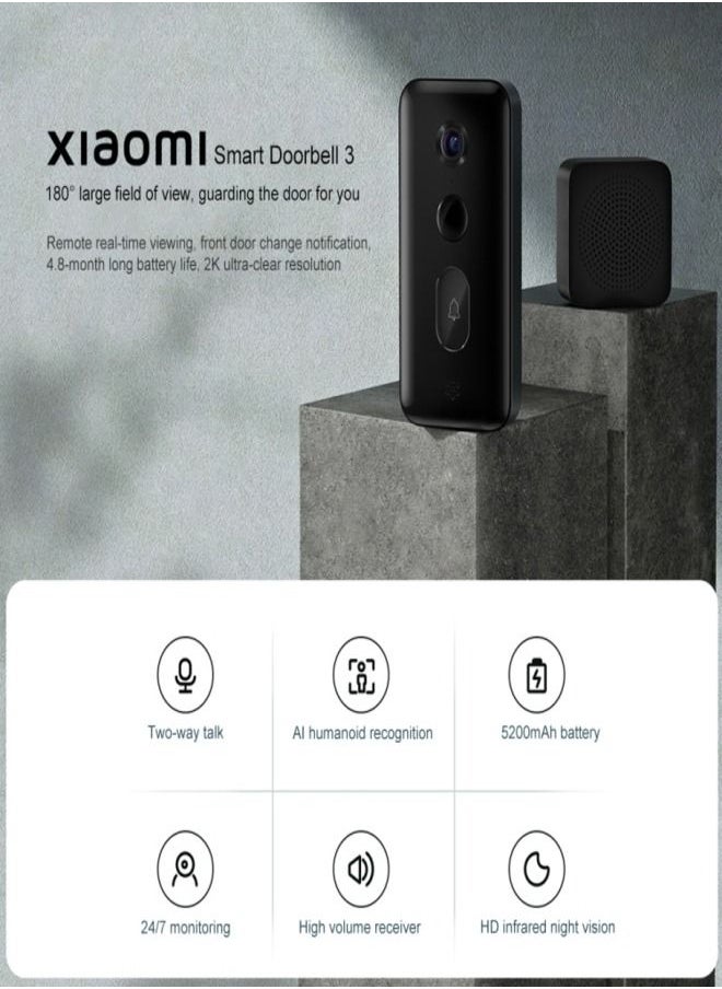 Xiaomi - Xiaomi Smart Doorbell 3 With 2K HD Resolution Video Camera 180° Full View AI Humanoid Recognition Calling Bell Real-time View Infrared Lights Two-way Communicate Wireless Door Bell - Image 1
