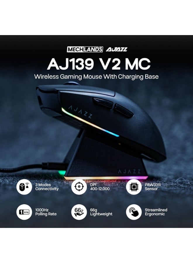 A-jazz AJ139 V2 MC Wireless Gaming Mouse, RGB Charging Dock, PAW3311 Sensor, Lightweight Design, 22,000 DPI, Three Connection Modes (Bluetooth/2.4 GHz/Wired), 5 Programmable Buttons, Compatible with PC/Mac - Black - Image 2