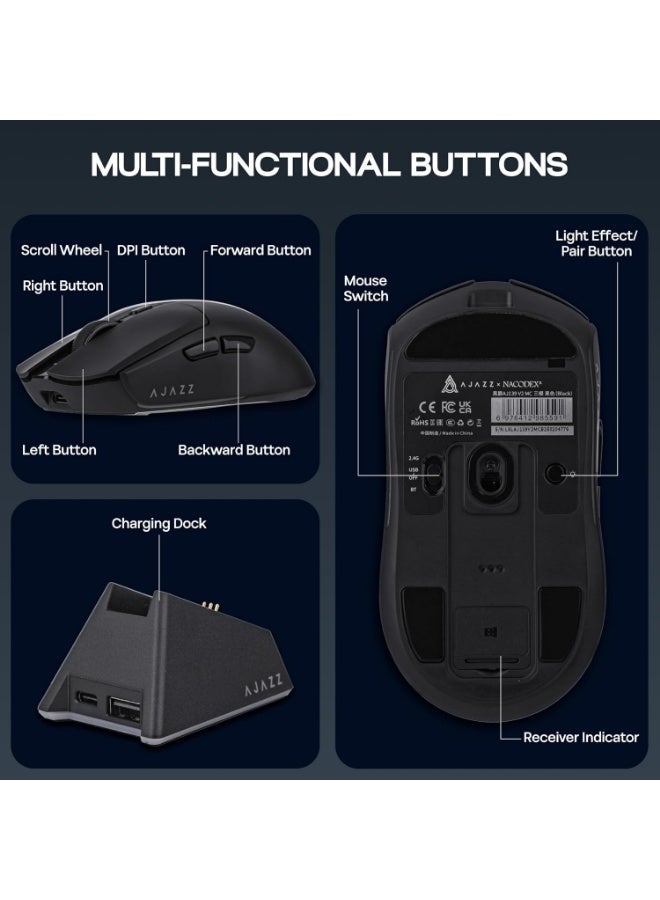 A-jazz AJ139 V2 MC Wireless Gaming Mouse, RGB Charging Dock, PAW3311 Sensor, Lightweight Design, 22,000 DPI, Three Connection Modes (Bluetooth/2.4 GHz/Wired), 5 Programmable Buttons, Compatible with PC/Mac - Black - Image 5
