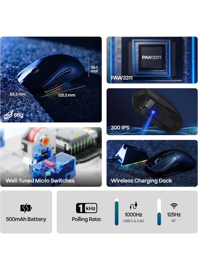 A-jazz AJ139 V2 MC Wireless Gaming Mouse, RGB Charging Dock, PAW3311 Sensor, Lightweight Design, 22,000 DPI, Three Connection Modes (Bluetooth/2.4 GHz/Wired), 5 Programmable Buttons, Compatible with PC/Mac - Black - Image 3