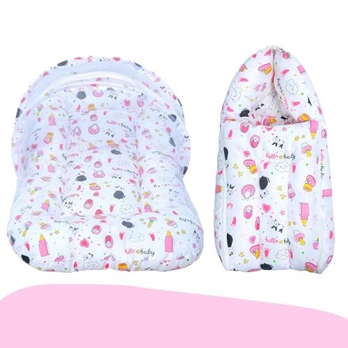 Infans Mini Baby Bedding Set for New Born Baby Sleeping Bag, Mosquito Net Bed Suitable Upto 6 Months Babies (Panda Pink) - Image 1