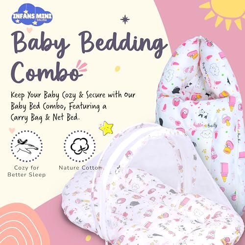 Infans Mini Baby Bedding Set for New Born Baby Sleeping Bag, Mosquito Net Bed Suitable Upto 6 Months Babies (Panda Pink) - Image 2