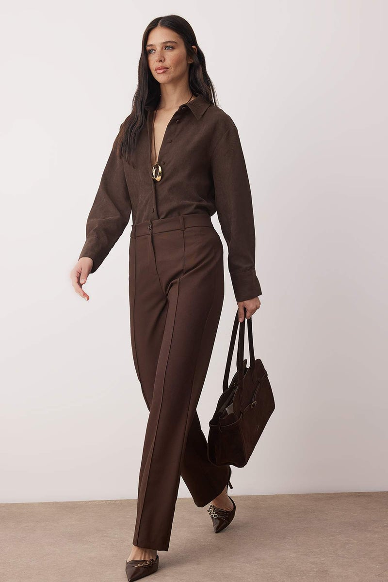 trendyol Dark Brown Straight/Straight Cut High Waist Ribbed Stitching Woven Trousers - Image 2