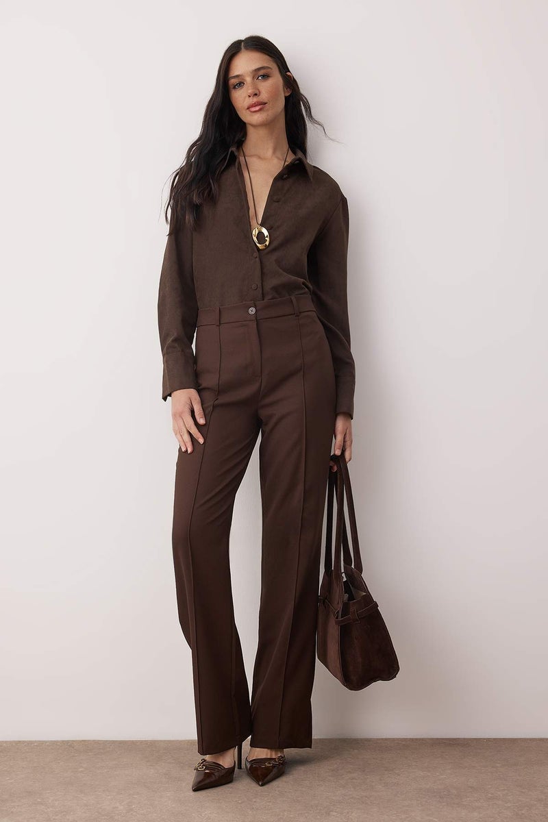 trendyol Dark Brown Straight/Straight Cut High Waist Ribbed Stitching Woven Trousers - Image 1