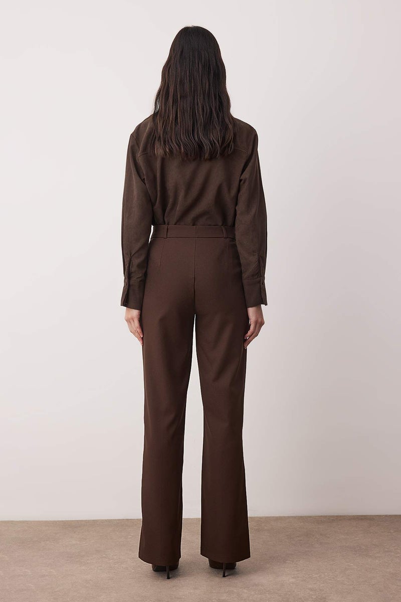 trendyol Dark Brown Straight/Straight Cut High Waist Ribbed Stitching Woven Trousers - Image 4