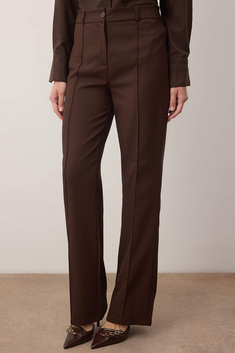 trendyol Dark Brown Straight/Straight Cut High Waist Ribbed Stitching Woven Trousers - Image 3