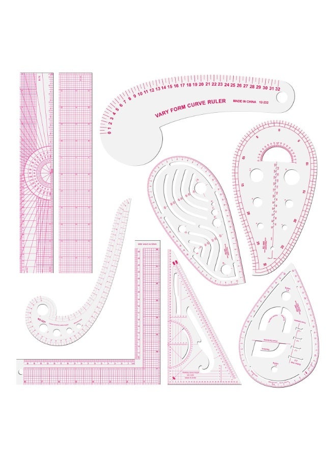 دايتويز مجموعة مسطرة خياطة مترية شفافة أنيقة، مسطرة بنمط منحنى فرنسي للمبتدئين والخياطين والمصممين والخياطة والتطريز والغرز المتقاطعة والكروشيه والحياكة، 9 قطع - Image 1