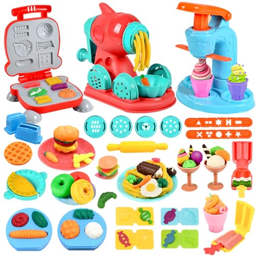 Crelloci 3 in 1 Color Dough Kitchen Creations Set, Ice Cream Spaghetti Burger Maker Machine, Art Crafts Food Modeling Toys, Accessories Tools Kit for Boys Girls Kids Toddlers Ages 3+ (12 Colors Dough) - Image 1