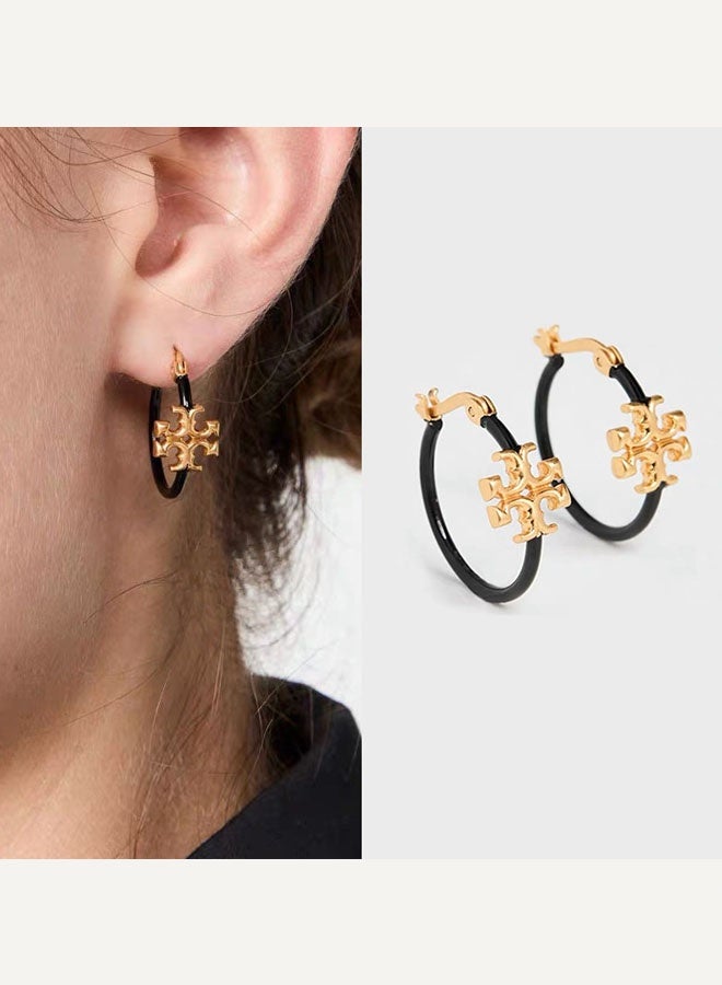 Burch Women's earrings, black circle surrounds the double T classic logo, exquisite, small and elegant - Image 1