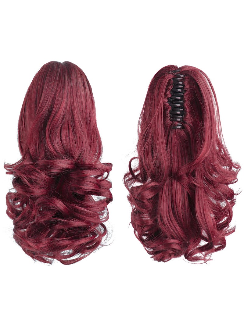 HSPJHTM - HSPJHTM Burgundy Ponytail Extensions,Claw Cilp Ponytails Extension for Women Curly 12" Synthetic Wine Red Pony Tail Wavy Halloween Fluffy Hairpiece for Daily Use - Image 1
