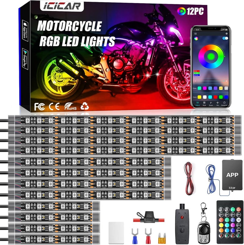 icicar 12PCS RGB Motorcycle LED Underglow Kit, App Control Dual Remote Multi-Color IP68 Waterproof Music Sync Accent Light with Brake Turn Signal for Harley Honda Golf Cart - Image 1