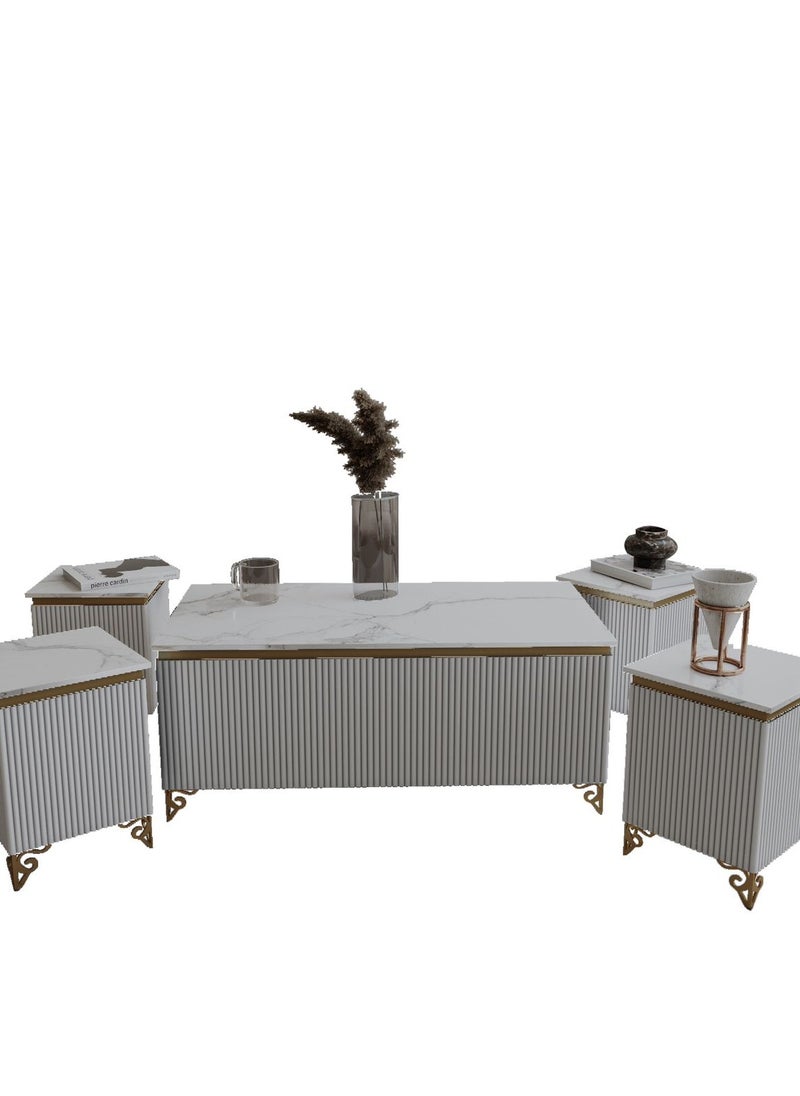 Luxury Coffee Table Set – 5 Pieces, Elegant White Design with Gold Accents & Premium Marble Top, Main Table with a Length of 122 cm, Width of 61.5 cm, and Height of 51.5 cm, and Four Side Tables with a Length of 35 cm, Width of 35 cm, and Height of 51.5 cm - pzsku/Z8C7F0E8B6CC669D511BAZ/45/_/1737284125/f84f1125-efb3-4659-b59a-da196becc596