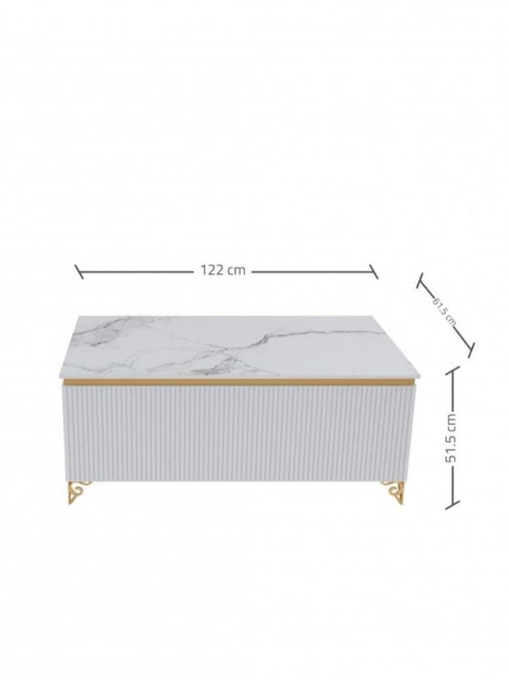 Luxury Coffee Table Set – 5 Pieces, Elegant White Design with Gold Accents & Premium Marble Top, Main Table with a Length of 122 cm, Width of 61.5 cm, and Height of 51.5 cm, and Four Side Tables with a Length of 35 cm, Width of 35 cm, and Height of 51.5 cm - pzsku/Z8C7F0E8B6CC669D511BAZ/45/_/1737284126/d2256f6a-cfe2-4639-85bf-9a6ff6f8d40c