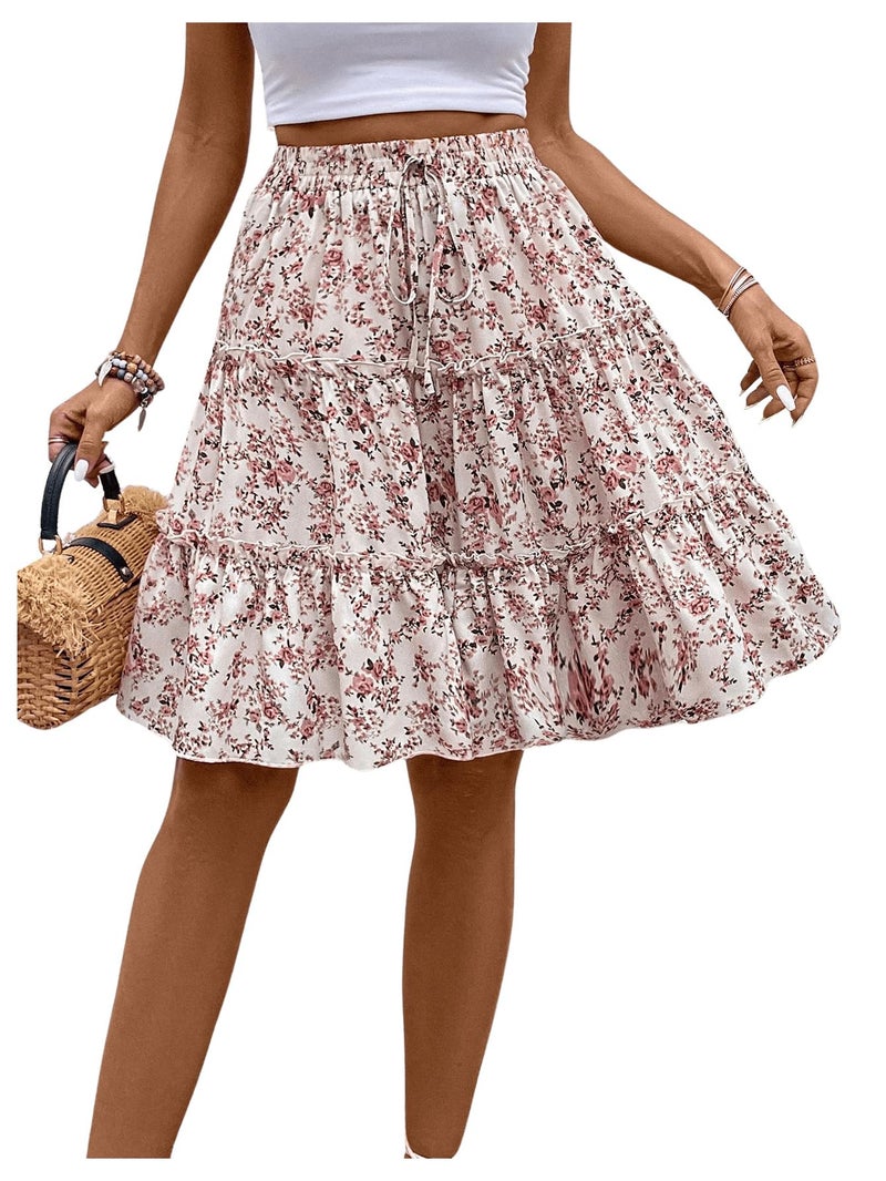WDIRARA Women's Floral Print Ruffle Hem Elastic High Waist Tie Front Skirt Apricot Large - Image 3